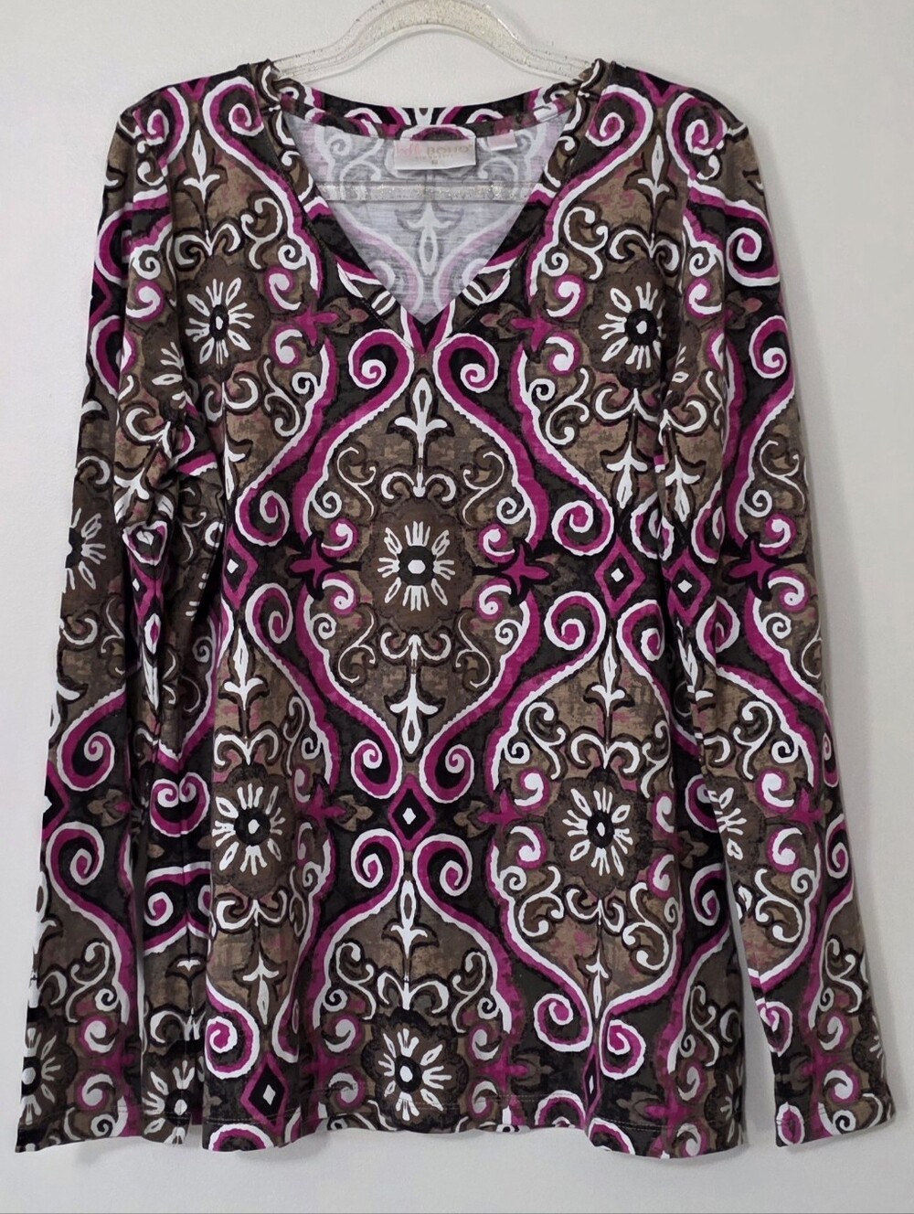 Belle Boho by Kim Gravel Slub Knit Painted Medallion Top Earthtone Jewel Small